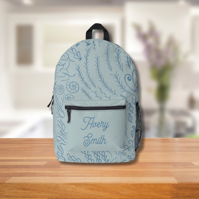 Ocean Print Backpack - HandGezeichnet Waves & Cora Bedruckter Rucksack (Blue Ocean Scene Backpack
)