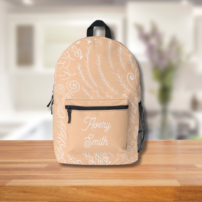 Ocean Print Backpack - HandGezeichnet Waves & Cora Bedruckter Rucksack (Peach Ocean Scene Backpack
)