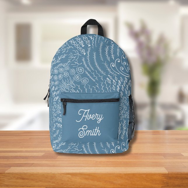 Ocean Print Backpack - HandGezeichnet Waves & Cora Bedruckter Rucksack (Blue and White Ocean Scene Backpack
)