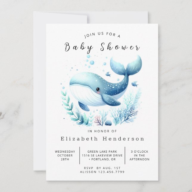 Ocean Printable Whale Baby Dusche Einladung (Vorderseite)