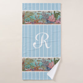Ocean Sea Life Fish Blue Monogram Beach House   Badehandtuch