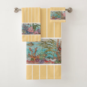 Ocean Sea Life Fish Gold Vintag Beach House Badhandtuch Set