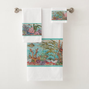 Ocean Sea Life Fish White Aqua Vintag Beach House Badhandtuch Set