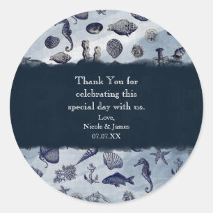 Ocean Sea Life Nautical Seashells Beach Wedding Runder Aufkleber