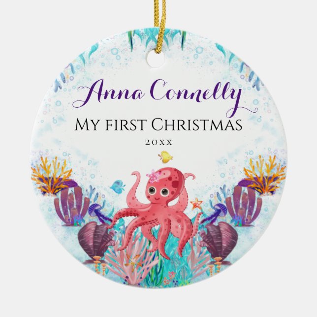 Ocean Sea Octopus Baby 1. Weihnachtsfest farbig Keramik Ornament (Vorne)