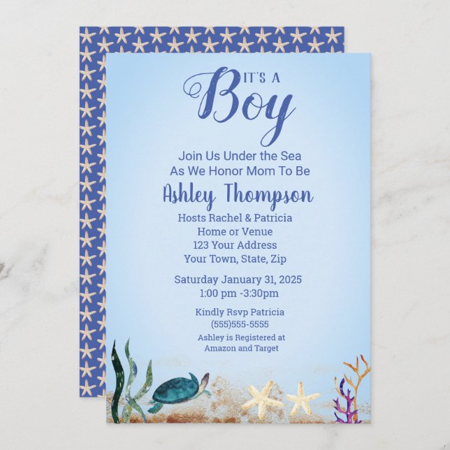 Ocean Sea Turtle Blue Boys Starfish Babydusche Einladung (Vorne/Hinten)