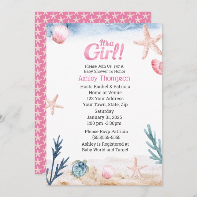 Ocean Sea Turtle Pink Girls Starfish Babydusche Einladung (Vorne/Hinten)