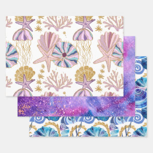 Ocean Seashells Starfish Blue Lila Gold Pink Geschenkpapier Set
