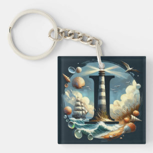 Ocean Seashore Lighthouse Sailboat Monogram I Schlüsselanhänger