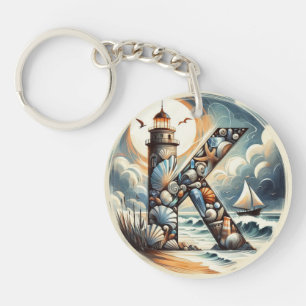 Ocean Seashore Lighthouse Sailboat Monogram K Schlüsselanhänger