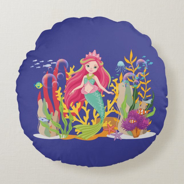 Ocean Siren: Langes rotes Haar Rundes Kissen (Vorderseite)