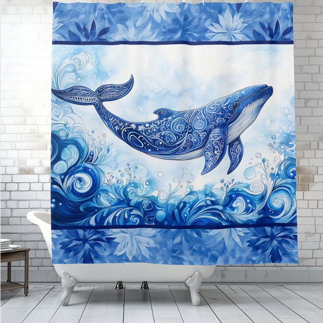 Ocean Spirit Blue Frost Duschvorhang (Ocean Spirit Blue Frost shower curtain featuring a blue whale illustration.  Wildlife, nature)