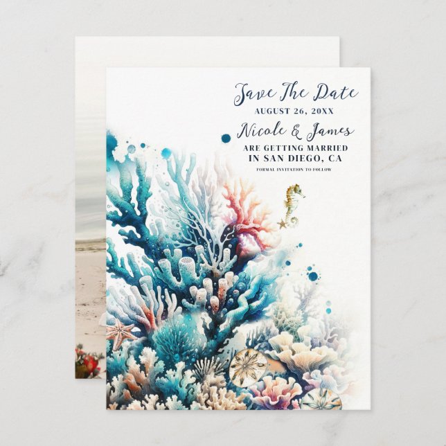 Ocean Splash Sea Coral Wasserfarbe Save the Date Einladung (Vorne/Hinten)