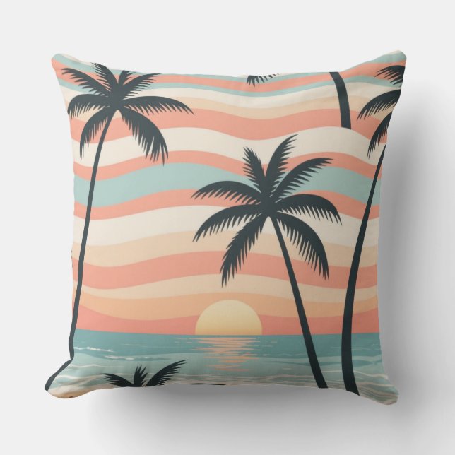 Ocean Stripes & Palms – Tropical Calm Throw Pillow Kissen (Vorderseite)