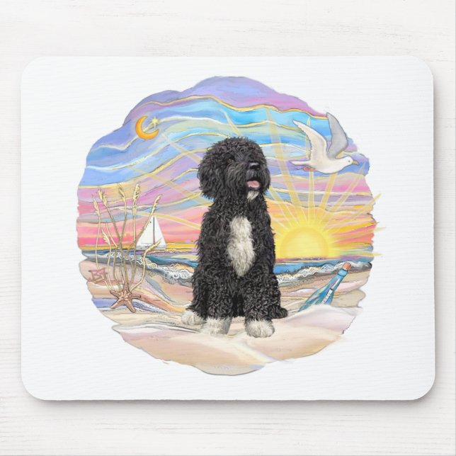 Ocean Sunrise-Portugiesischer Wasserhund (bw5) Mousepad (Vorne)
