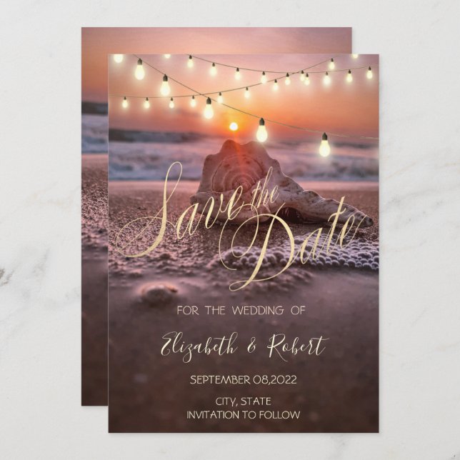 Ocean Sunset Beach Seashell, leicht Save the Date (Vorne/Hinten)