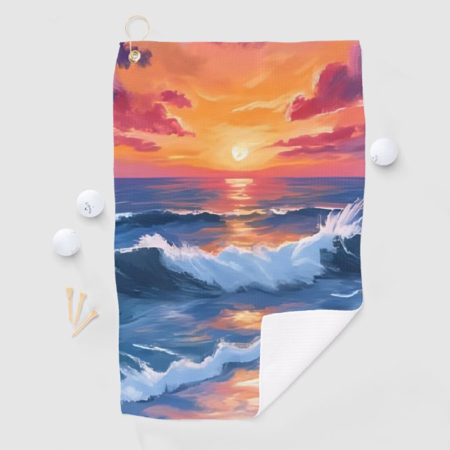 Ocean Sunset Beach Waves Wasserfarbe Golfhandtuch (Insitu)