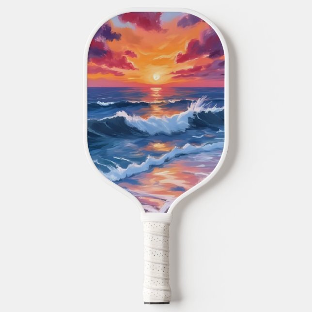 Ocean Sunset Beach Waves Wasserfarbe Pickleball Schläger (Vorderseite)