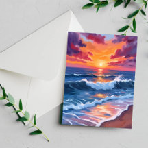Ocean Sunset Beach Waves Wasserfarbkarte
