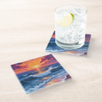 Ocean Sunset Beach Waves Wasserfarbkarte