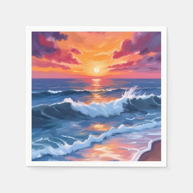 Ocean Sunset Beach Waves Wasserfarbkarte Serviette (Vorderseite)