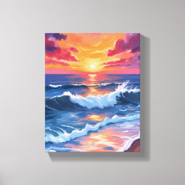 Ocean Sunset Beach Waves Watercolor Leinwanddruck (Vorderseite)