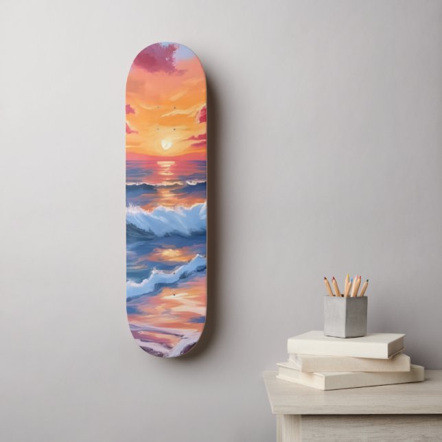 Ocean Sunset Beach Waves Watercolor Skateboard (Wandkunst)
