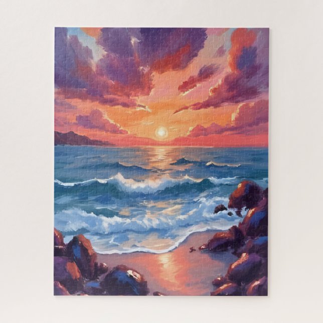 Ocean Sunset Watercolor Beach Coastal Puzzle (Vertikal)