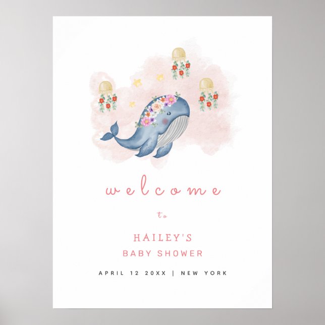 Ocean Sweet Whale Floral Baby Dusche Willkommen Poster (Vorne)