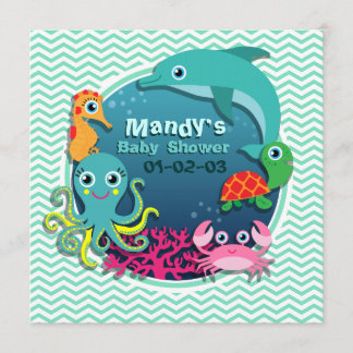 Ocean Theme Baby Dusche; Aqua Green Zickzack Einladung