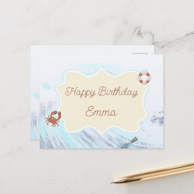 Ocean Theme Happy Birthday Personalisiert mit Name Postkarte (Vorderseite/Rückseite Beispiel)