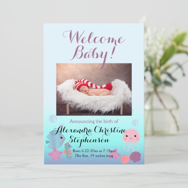 Ocean Under Sea Beach Girl Geburtsankündigung Einladung (Stehend Vorderseite)