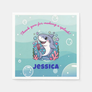 Ocean Vibes Kawaii Boba Shark Baby Shower Party Serviette
