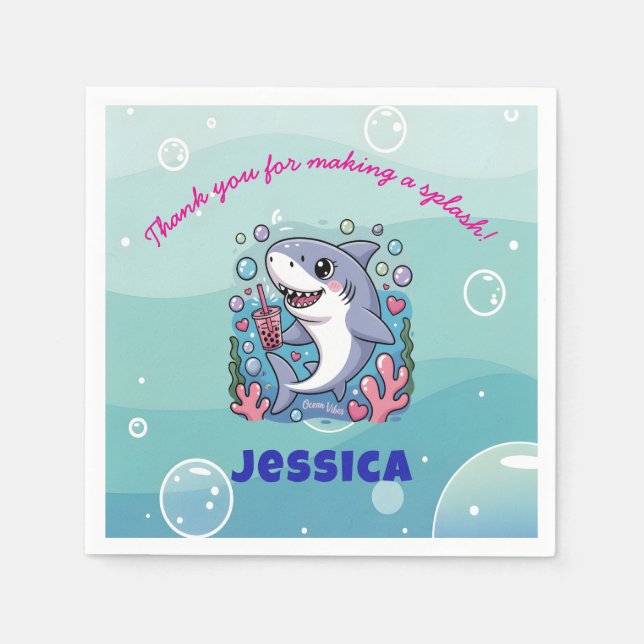 Ocean Vibes Kawaii Boba Shark Baby Shower Party Serviette (Vorderseite)