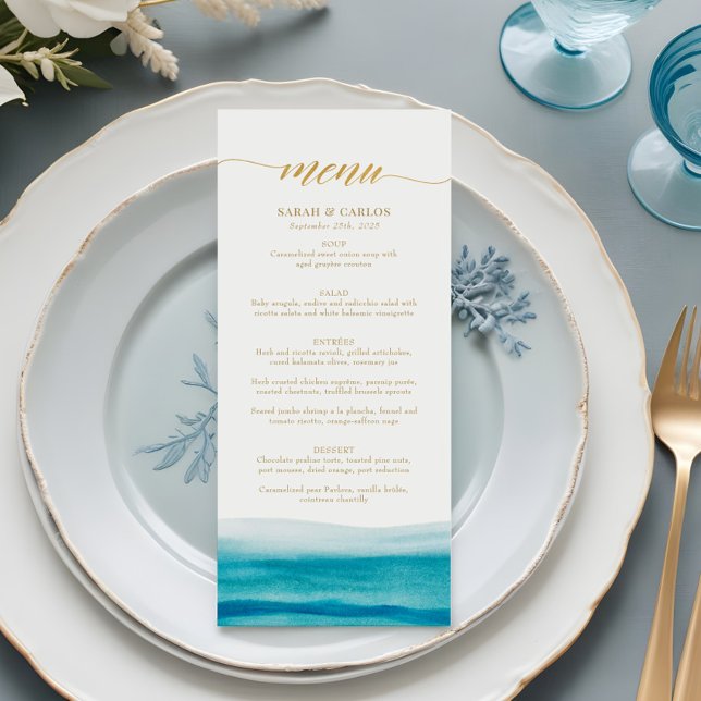 Ocean Watercolor Beach Gold Script Wedding Menükarte (Von Creator hochgeladen)