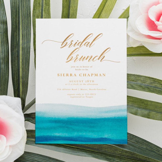 Ocean Watercolor Gold Script Beach Bridal Brunch Einladung (Von Creator hochgeladen)
