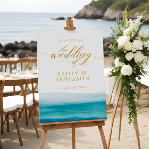 Ocean Watercolor Gold Script Beach Hochzeit Begrüß Poster