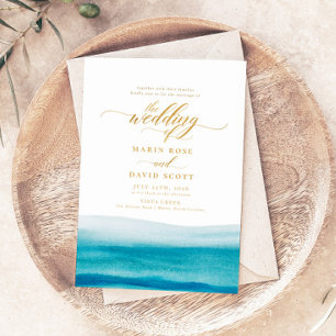 Ocean Watercolor Gold Script Beach Hochzeit Einladung