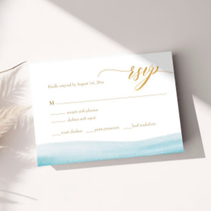 Ocean Watercolor Gold Script Beach Wedding UAWG RSVP Karte