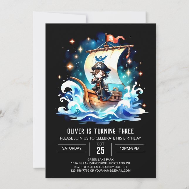 Ocean Watercolor Pirate Einladung (Vorderseite)