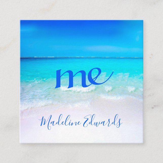 Ocean Wave Beach Scene Blue Modern Monogram Square Quadratische Visitenkarte (Vorderseite)