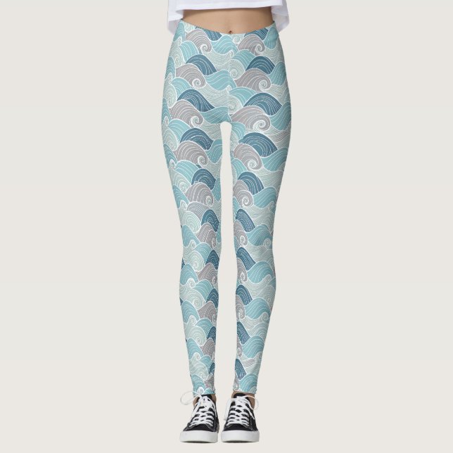 Ocean Wave Blue Grey Leggings (Vorderseite)
