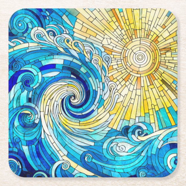 Ocean Wave Sun Mosaik Art Rechteckiger Pappuntersetzer (Vorderseite)