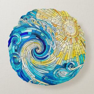 Ocean Wave Sun Mosaik Art Rundes Kissen