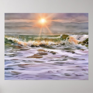 Ocean Wave Sunset Illustriert Art Poster