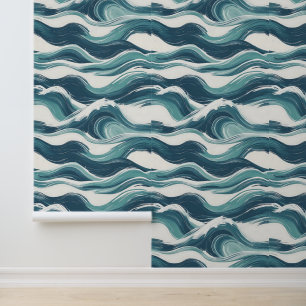 Ocean Waves Artistic Aquamarin Blue White Removabl Tapete