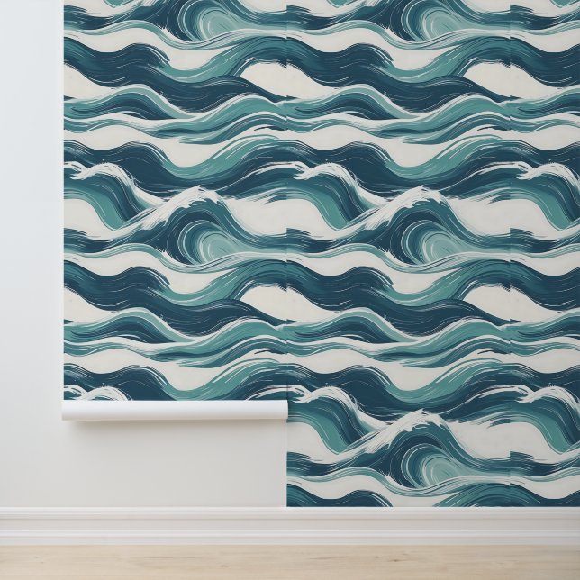 Ocean Waves Artistic Aquamarin Blue White Removabl Tapete (Anwendung)