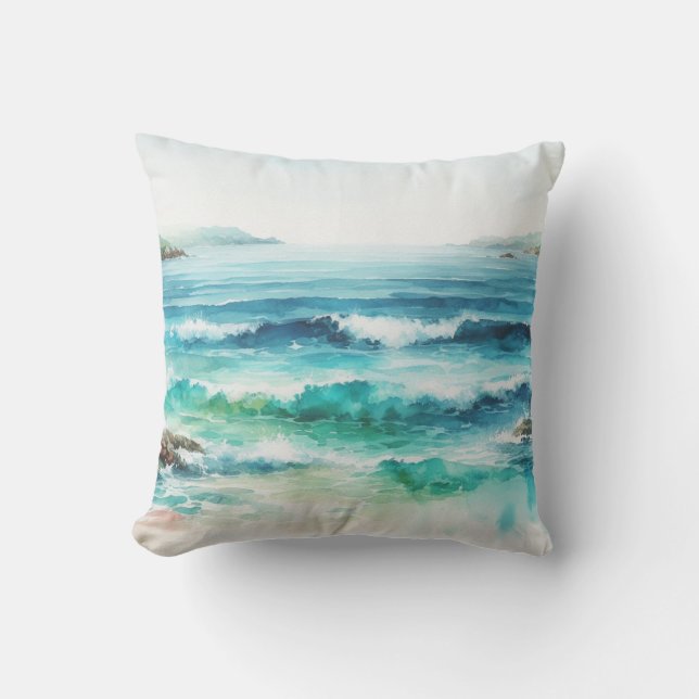 Ocean Waves Beach Aquarellbilder Kissen (Vorderseite)