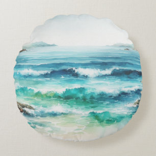 Ocean Waves Beach Aquarellbilder Rundes Kissen