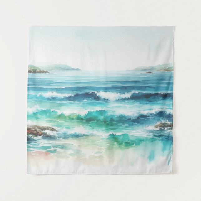 Ocean Waves Beach Aquarellbilder Wandteppich (Vorderseite)